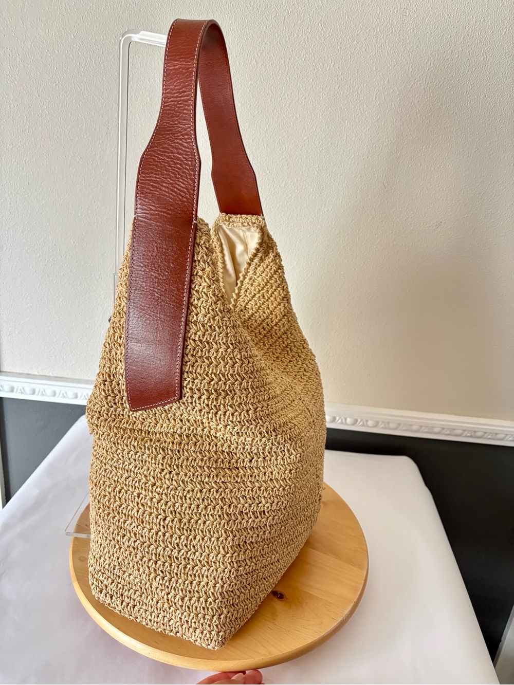 Banana Republic Natural Straw Shoulder Bag with Dark Brown Leather Strap
